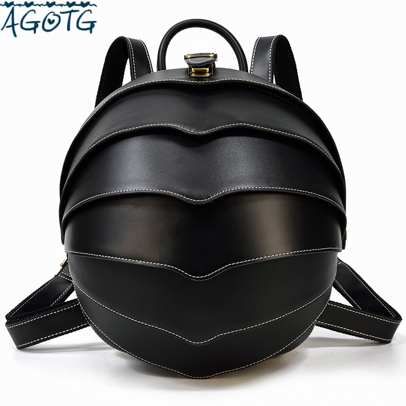 agotg品牌复古真皮创意双肩包个性甲壳虫背包男女圆形书包疯马皮包一