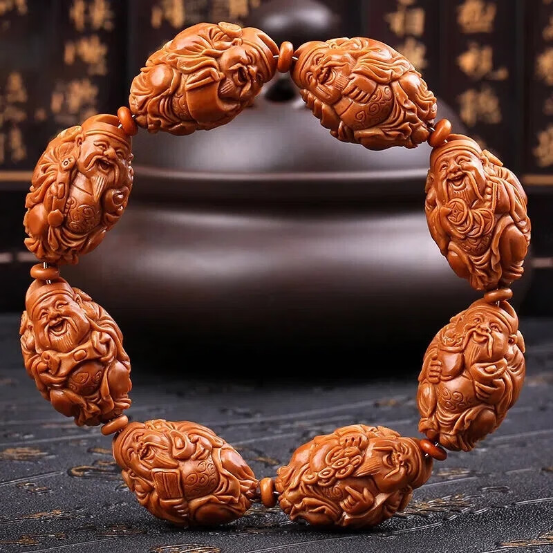 暗杠橄榄核雕刻手串1.9大籽八大财神爷橄榄核雕文玩橄榄胡男士手链 1.