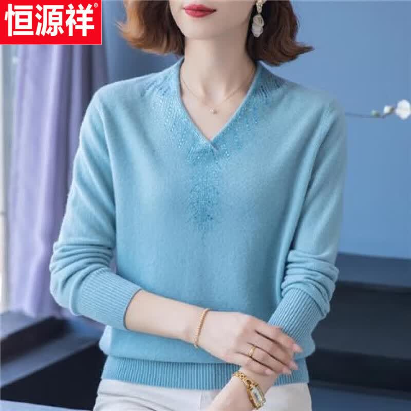 恒源祥秋冬V领羊毛衫女宽松百搭中老年妈妈春秋冬装时尚针织打底衫毛衣 蓝色 S使用感如何?
