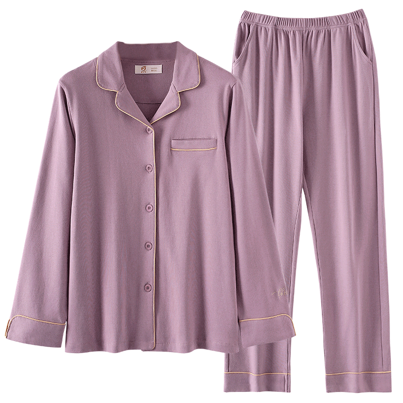 家樂(lè)芬睡衣女士春秋款春秋季純棉長(zhǎng)袖家居服全棉夏季薄款休閑加大碼套裝 芋紫【秋季常規(guī)】宜 15~20℃ M 碼 （體重90-110斤)