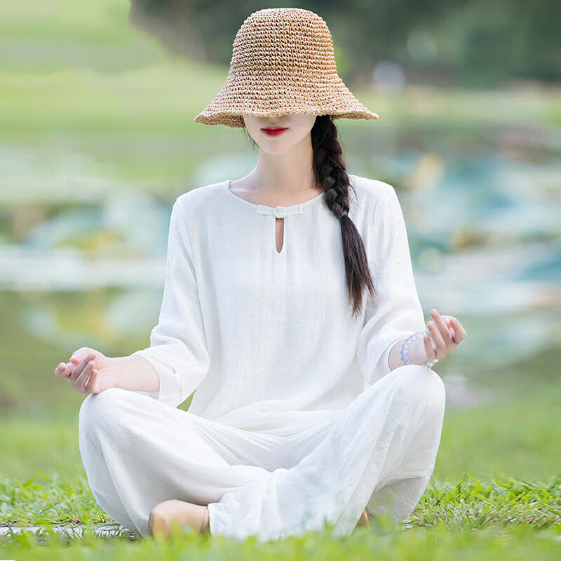 禪修居士服女佛教衣服棉麻禪服佛系女修行服中式唐裝套裝中國(guó)復(fù)古禪意茶服打坐 白色 XXL