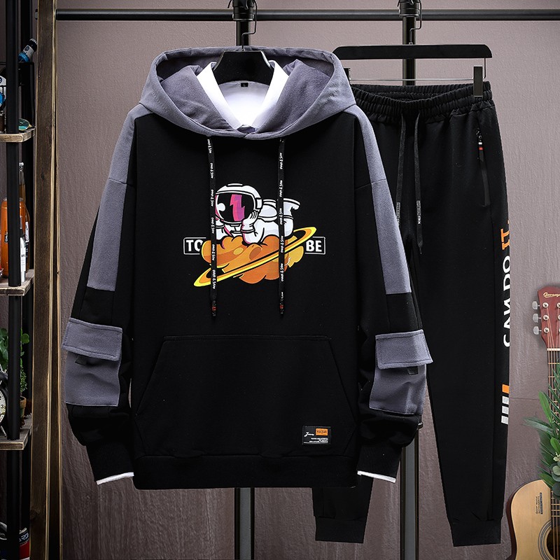 13岁中学生潮流上衣14男孩长袖运动服两件套 61062黑色(卫衣 长裤)