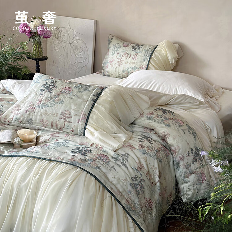 繭奢~桃花源記~60支天絲棉法式復(fù)古床單四件套國風(fēng)床上用品 亭臺樓閣 1.5m床單款四件套(被套200x230)