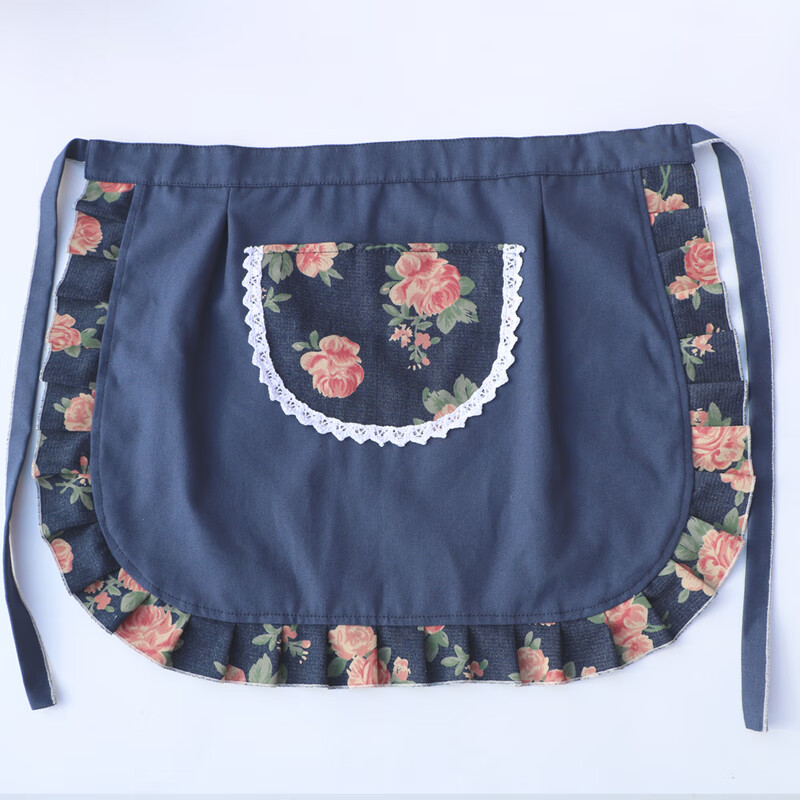 围裙围腰厨房防水防油污半截家务短款日式 深蓝色 红牡丹单层不防水 0