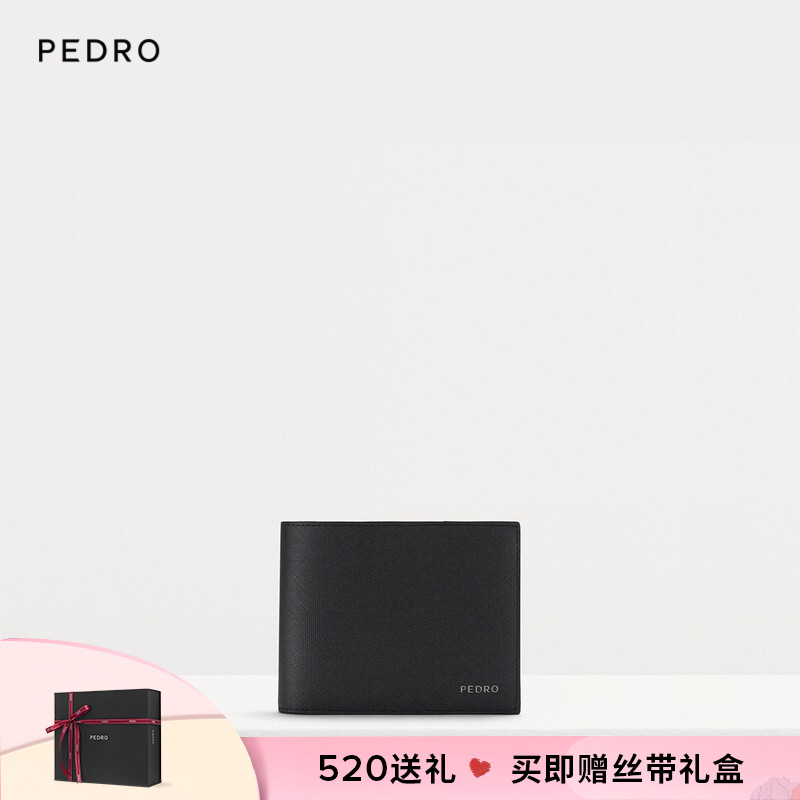 PEDRO牛皮多卡位格纹内衬男士短款钱包 送男友礼物 零钱包PM4-16500035 黑色 R