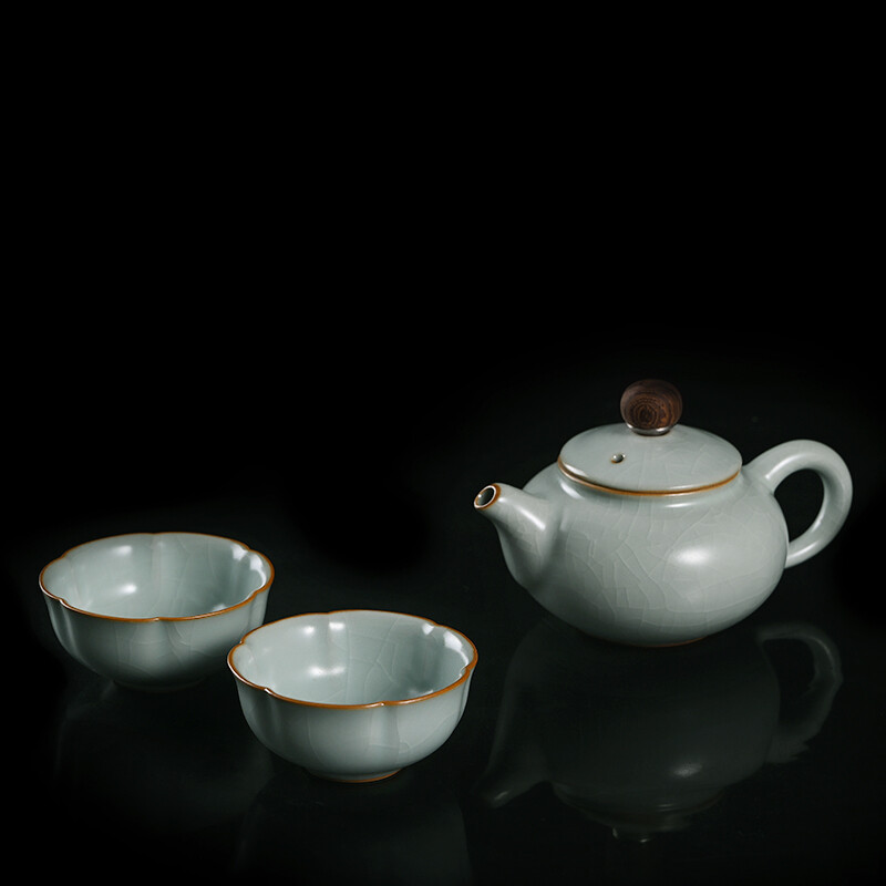 台湾元盏丰子天青汝窑功夫茶具套装汝瓷陶瓷旅行茶具开片福贵一壶两杯