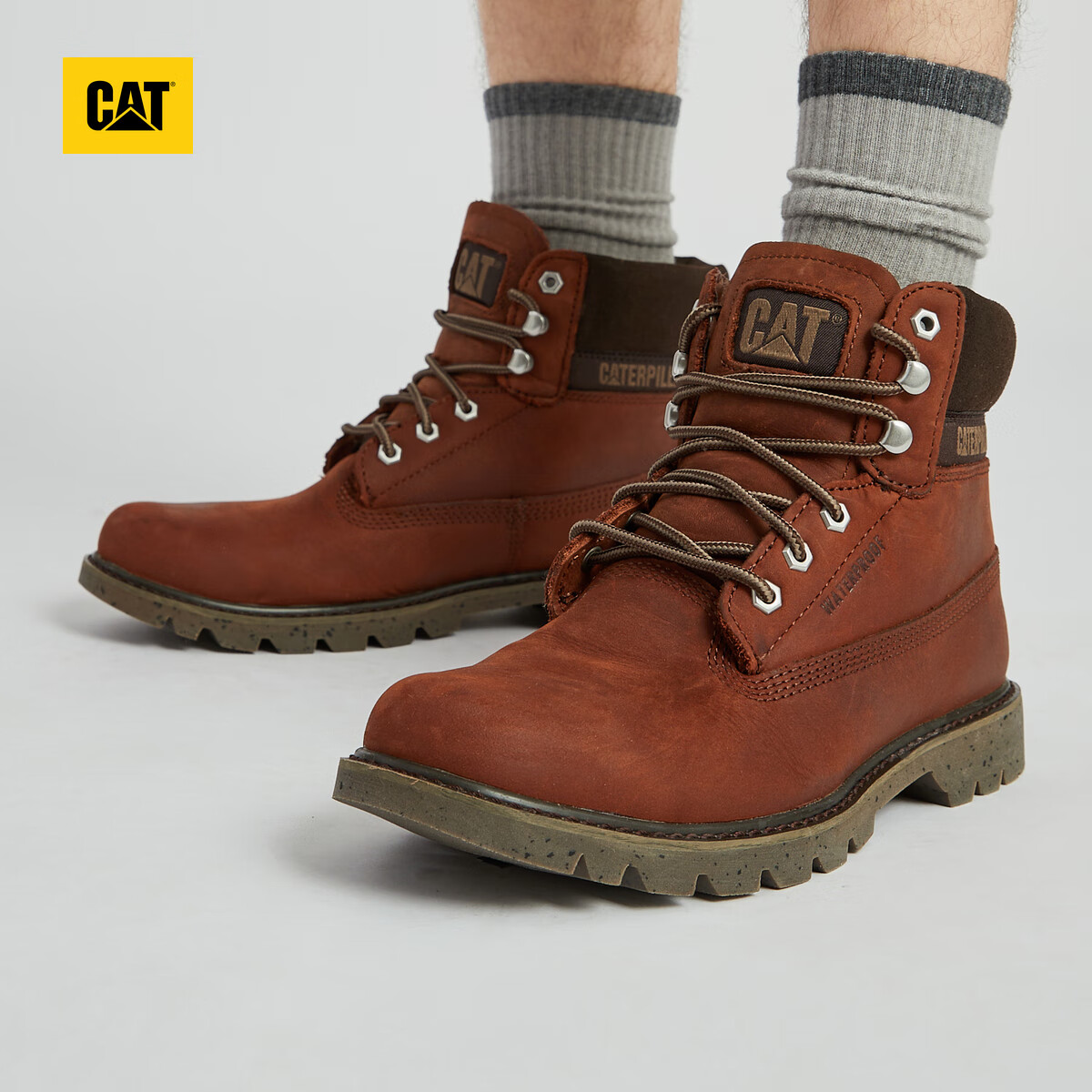 CAT卡特工装靴高帮马丁靴男靴科罗拉多鞋子男女同款户外牛皮防滑短靴 棕红 42