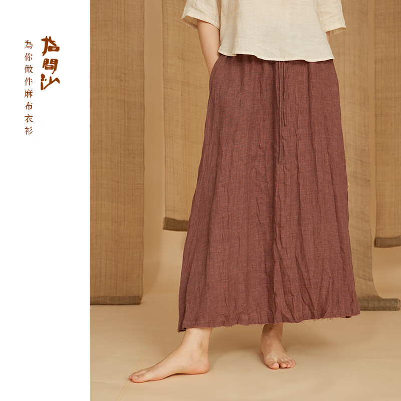 指間沙原創(chuàng)女裝24夏文藝全松緊高腰壓縐半裙亞麻A版中長半身裙 沉香123 M