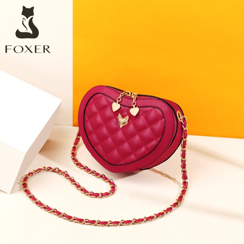 foxer金狐狸桃爱心形链条包包女 新款时尚百搭牛皮单肩斜挎包 红色1c