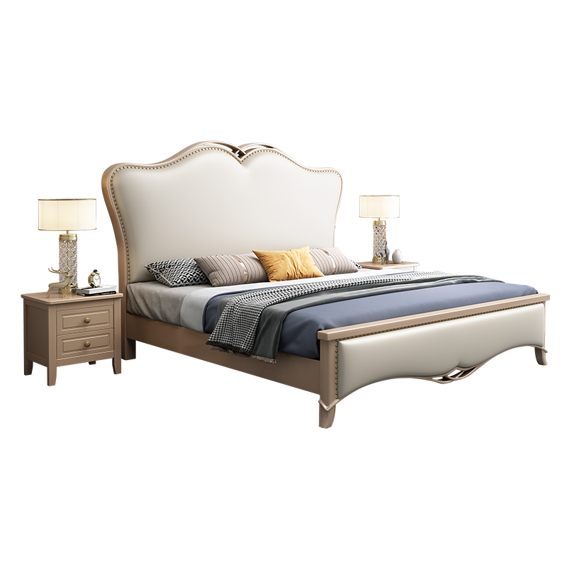 沃兰斯 床美式轻奢双人实木床床1.8米欧式床网红软包床现代1.5米婚床主卧床可储物 香槟色实木单床 1.8x2M(框架款)