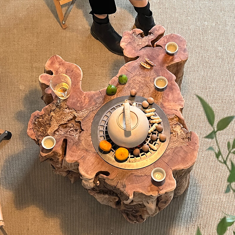 实木侘寂风实木围炉茶桌阳台户外煮茶小茶几茶室原生态风化院子樟