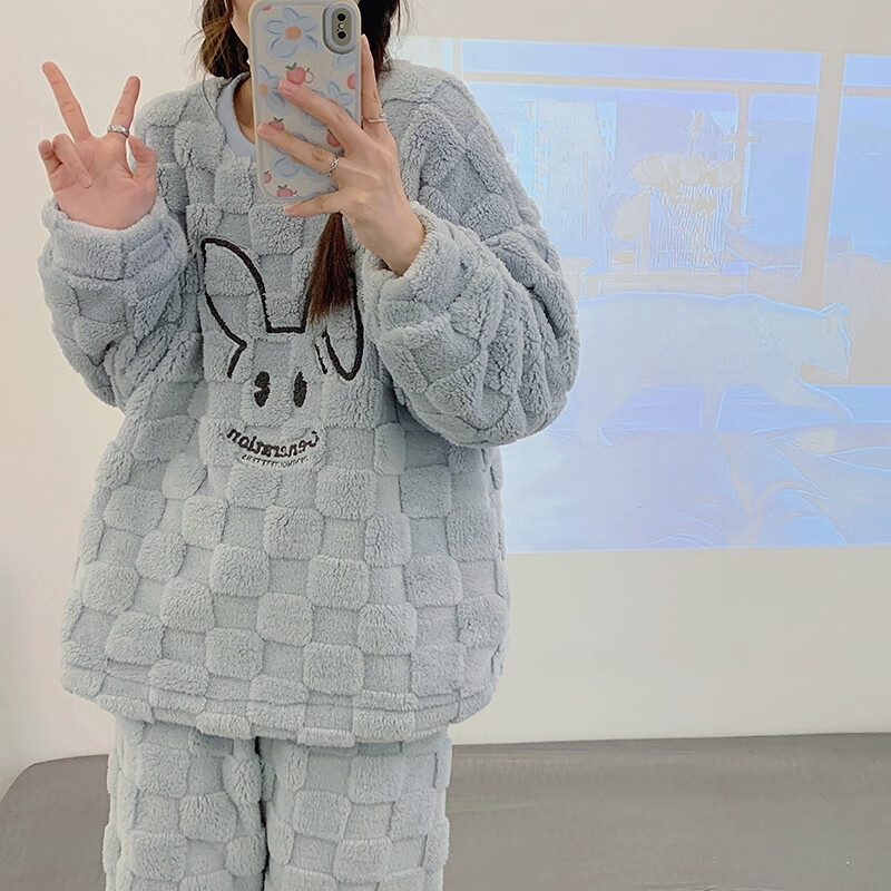 猫人少女感睡衣秋冬加绒加厚中华绒套头款可外穿家居服套装 QRQM-7818 M