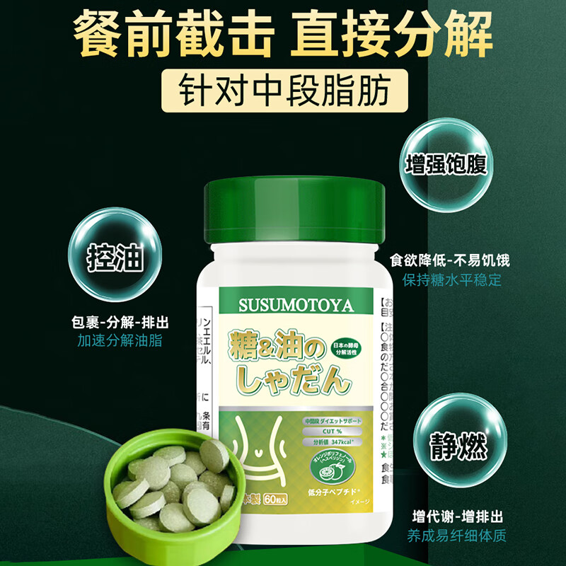 SUSUMOTOYA日本进口糖油脂肪分解素酵母减肥塑身瘦肚子燃脂不反弹控卡60粒 6瓶装【赠2瓶·瘦身燃脂不反弹】