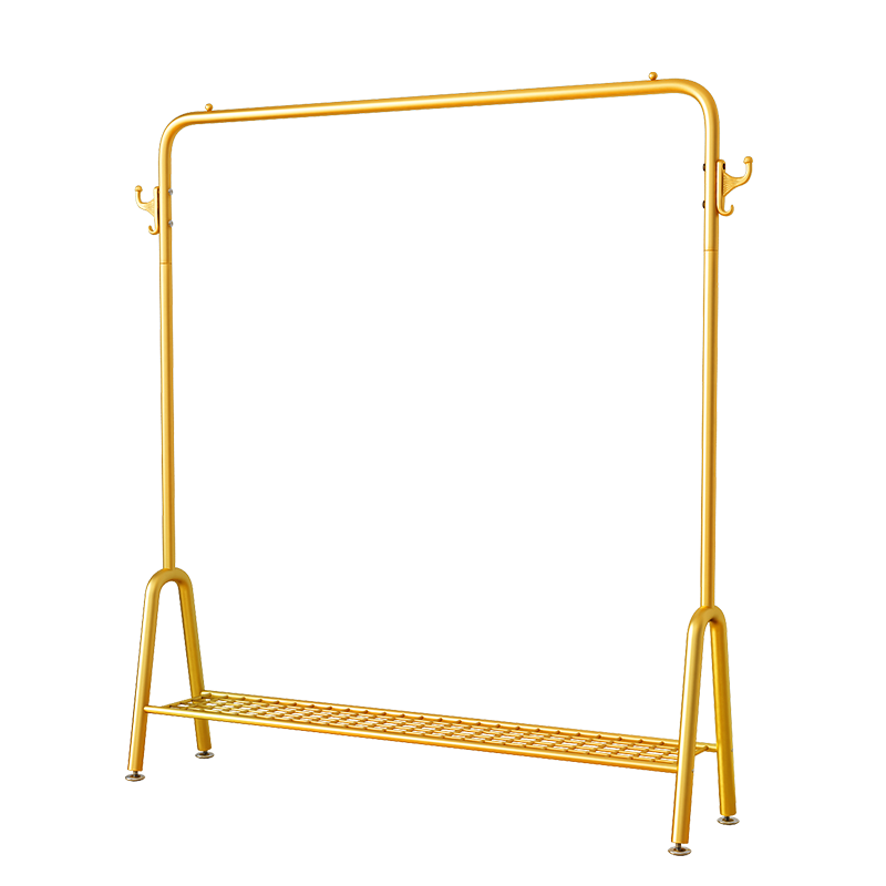 豪美佳 轻奢挂衣架落地卧室带鞋架家用室内客厅阳台简易单杆式衣帽架晾晒衣服挂包挂帽子多功能收纳储物架子 升级款带置物网＋双挂钩 轻奢金100cm 大