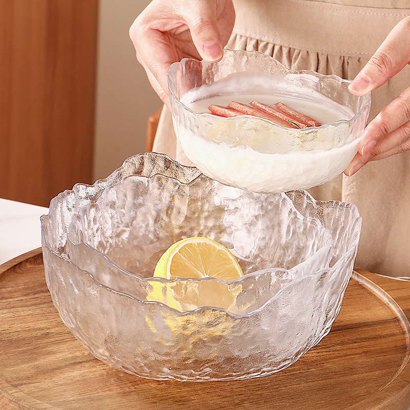 格娜斯玻璃沙拉碗家用透明玻璃碗套装日式创意不规则边沿蔬菜水果盘甜品碗餐具大中小三件套