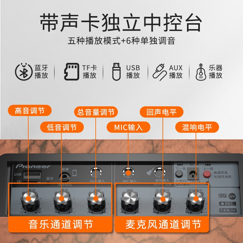 先锋(Pioneer) 家庭KTV无线蓝牙音箱乐器音箱手提便携户外音响大音量广场舞k歌唱歌家用专业配麦克风 【无麦原木烤漆8寸】乐器音乐 标配
