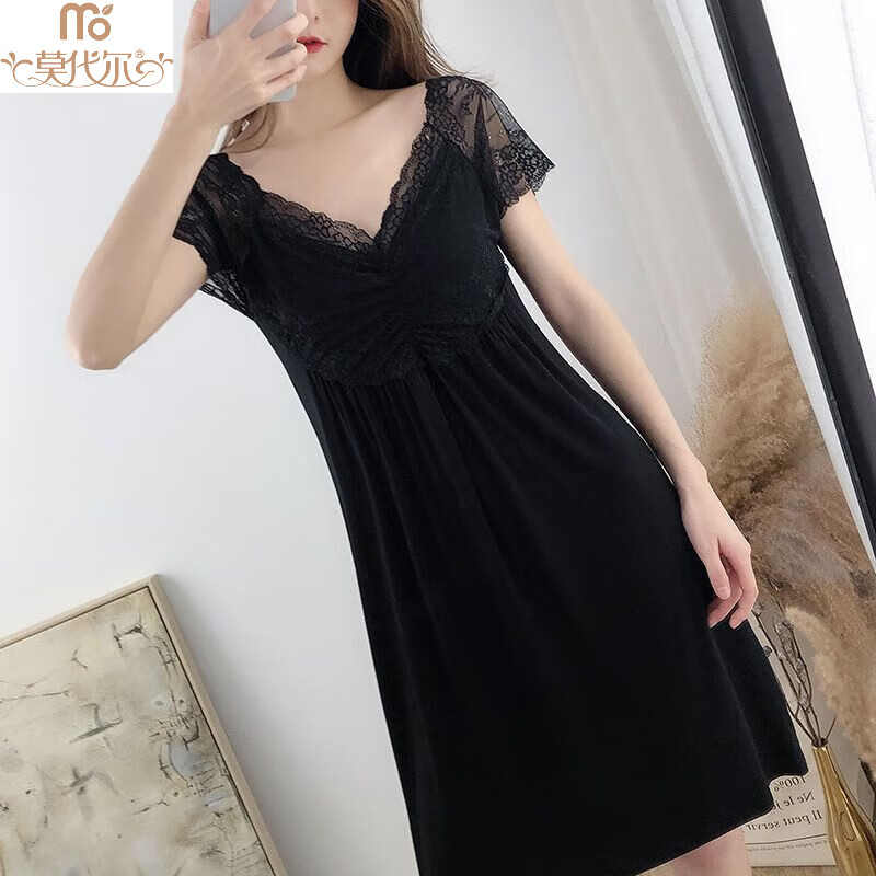 睡裙女夏蕾丝性感中长裙v领宽松免穿文胸家居裙 黑色(808款带垫) m 85