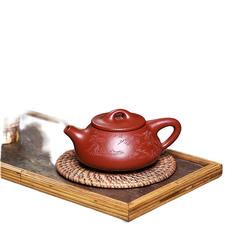 名壺秋月 宜興紫砂壺  國工許小亞全手工原礦大紅袍景舟石瓢 雙面刻繪  原礦大紅袍 180cc