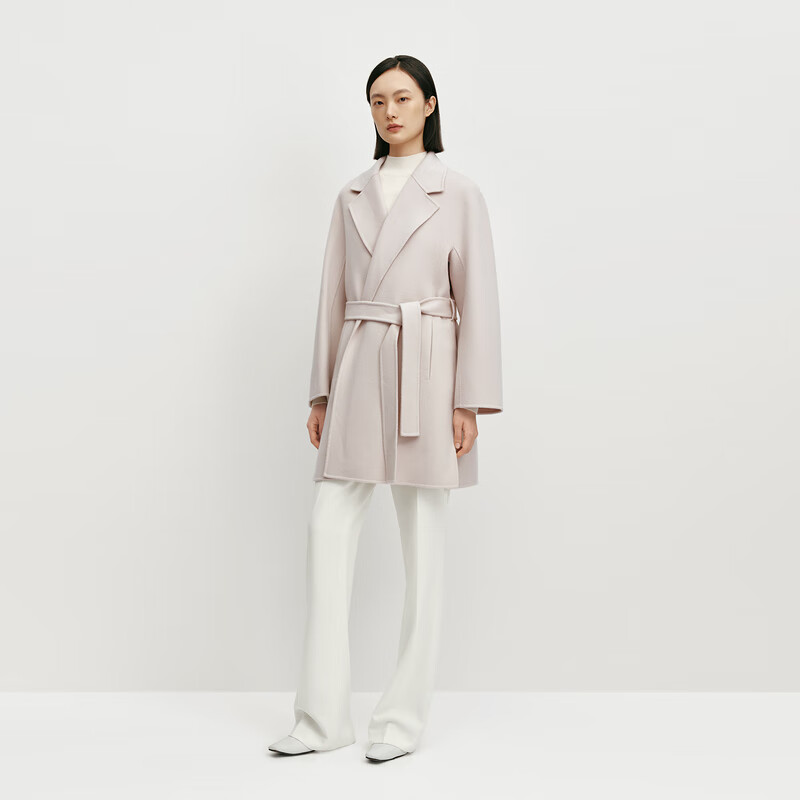 OVV秋冬热卖女装平驳领随附腰带90支羊毛双面呢大衣 裸粉 M