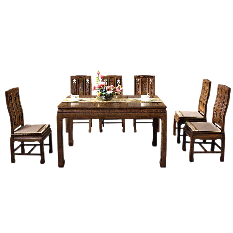 景典 红木家具 非洲鸡翅木(学名:非洲崖豆木)餐桌方形中式古典餐桌 实木长餐台 万字餐桌椅7件套 1.48万字餐桌+4张官帽餐椅