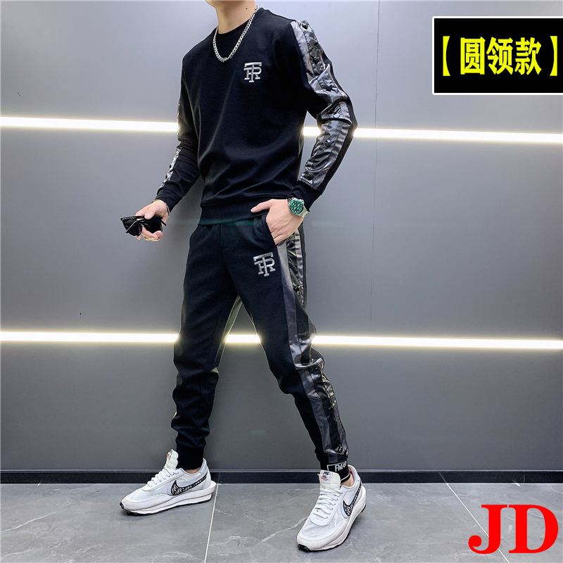 时尚品质套装男秋冬款卫衣休闲运动套装男加绒加厚时尚百搭立领潮牌韩版潮流帅气 春秋款【圆领款】=黑色 M