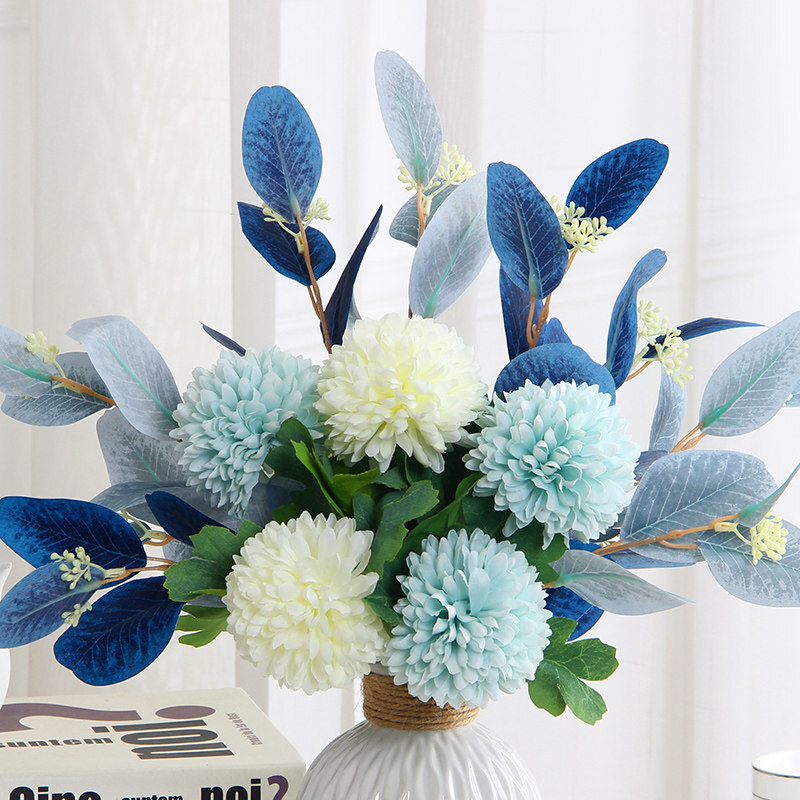 地中海陶瓷花瓶唯美蓝白色仿真花艺摆件尤加利假干花绣球套装 蓝色