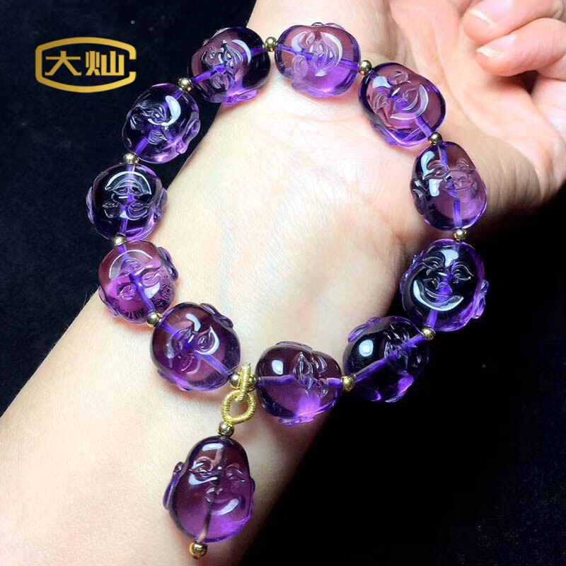 大灿 佛头手链佛头水晶手串天然紫晶紫罗兰紫发晶手链礼物中秋礼品