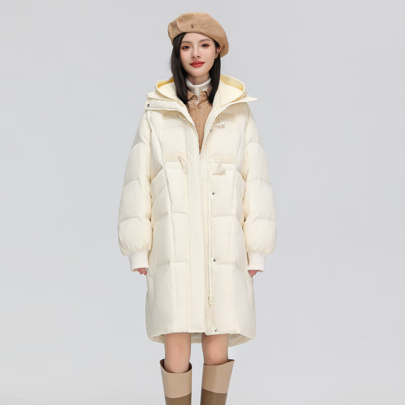 雪中飞秋冬可拆卸针织连帽显瘦保暖【反季清仓】女士长款鸭绒羽绒服女 米白 S 160/84A