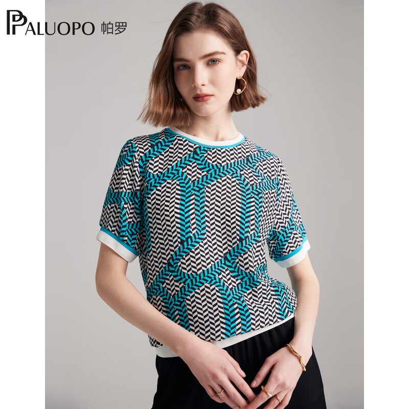 帕罗（PALUOPO）双绉新款真丝短袖体恤女士圆领印花100%桑蚕丝休闲百搭t上衣 黑蓝 L (165/88A)