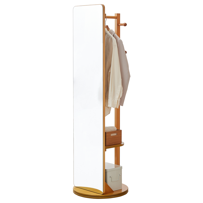 越茂 实木落地穿衣镜 全身落地镜旋转可置物挂衣架现代简约卧室试衣镜 旋转底盘款【胡桃色】