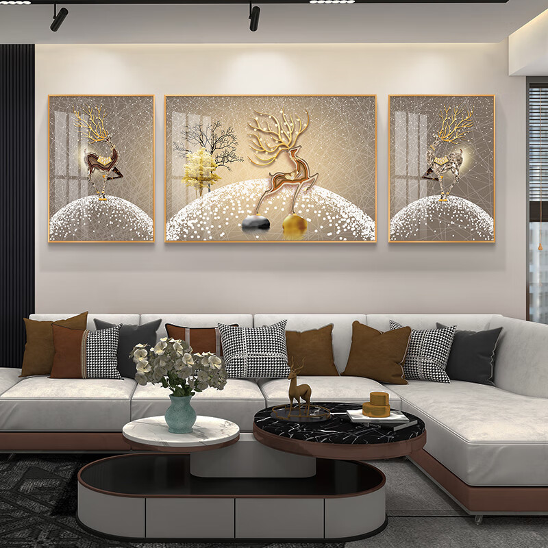 沙发背景墙挂画晶瓷壁画鹿装饰画 金鹿a 左右40x60 中间80x60 高清画