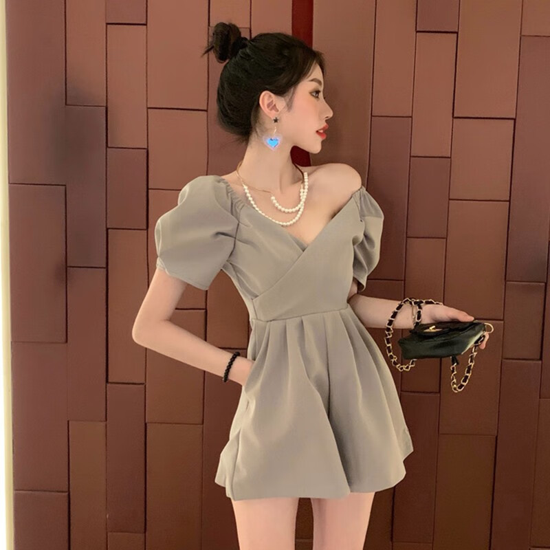 儒益家雪纺连体短裤女夏季新款法式小个子衣装一字领肩 灰紫色 s