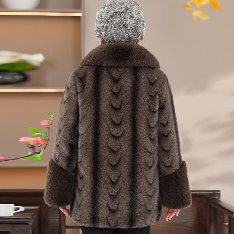 漫花格老年冬装女加绒加厚外套妈妈加绒仿皮草奶奶装冬季仿貂绒套装 咖啡色上衣+加绒裤 XL 建议85-105斤