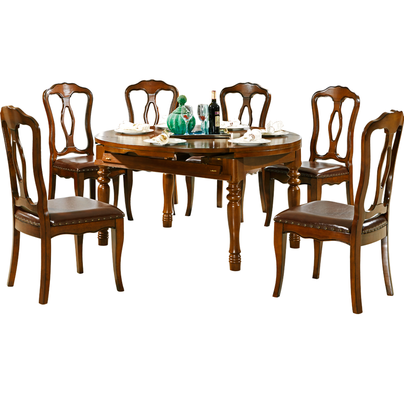 艾理思 全实木圆餐桌 美式乡村实木长餐台可伸缩 简约欧式餐厅圆形吃饭桌 餐桌138(80)*77cm(不含椅子))