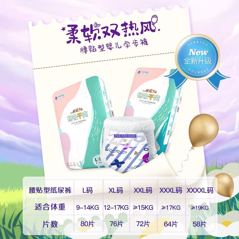 祺安1芯艺术大包婴儿拉拉裤泡泡腰围超柔亲肤男宝女宝尿不湿成长裤 拉拉裤XXXL码64片