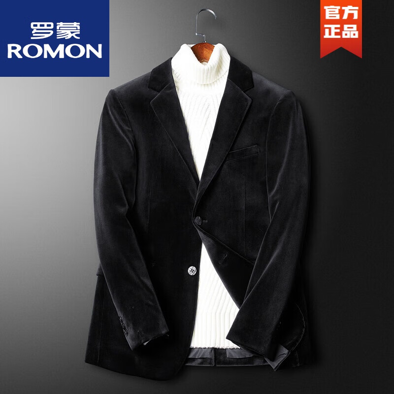 罗蒙（ROMON）欧洲西装外套男韩版修身商务休闲简约时尚金丝绒帅气西服上衣 黑色 XL