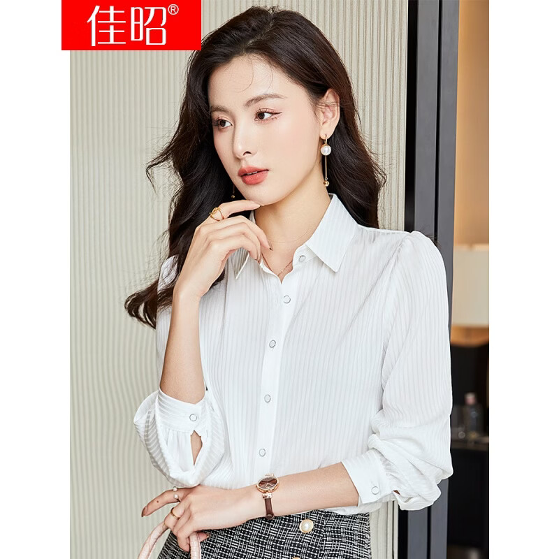 佳昭 白色雪纺条纹衬衫女春装女装2022新款修身显瘦洋气休闲长袖方领