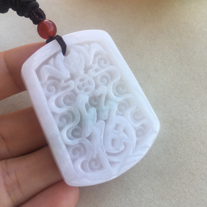 语森忆suifeng 缅甸a货翡翠福牌吊坠冰糯种浅绿白玉方牌玉石玉佩挂