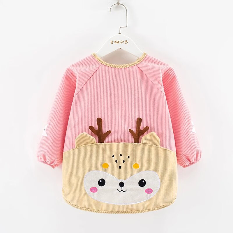 【精选】宝宝罩衣秋冬防脏罩儿童反穿衣女童围兜吃饭衣水晶绒围裙 梅花鹿粉色 14码(建议0-1岁)