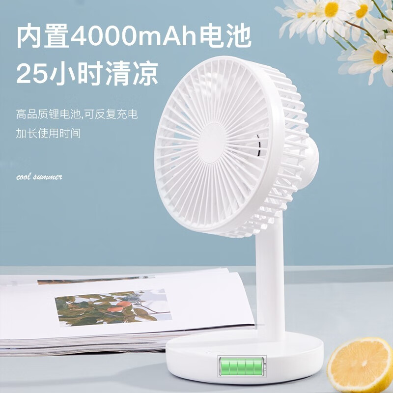 HYUNDAI风宝USB小风扇空气循环扇家用风扇台式电风扇小型轻音节能对流换气扇桌面风扇办公室学生小型电扇 雪山白【摇头款+充插两用+4000毫安】