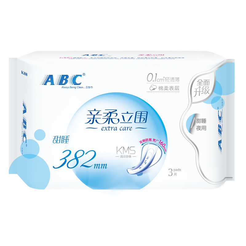 ABC卫生巾 夜用卫生巾亲肤立围加长甜睡夜用轻透薄棉柔382mm*3片