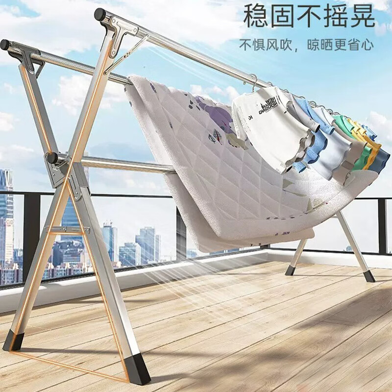 不锈钢晾衣架落地折叠X型双杆阳台挂衣架室内外晒衣架伸缩晾 不锈钢22方管-镀锌配件 1.6米双杆