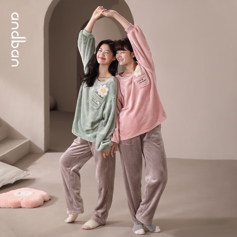 安之伴睡衣女晚秋冬法兰绒保暖厚款圆领可爱小花可外穿女士家居服套装 冰兰 XL