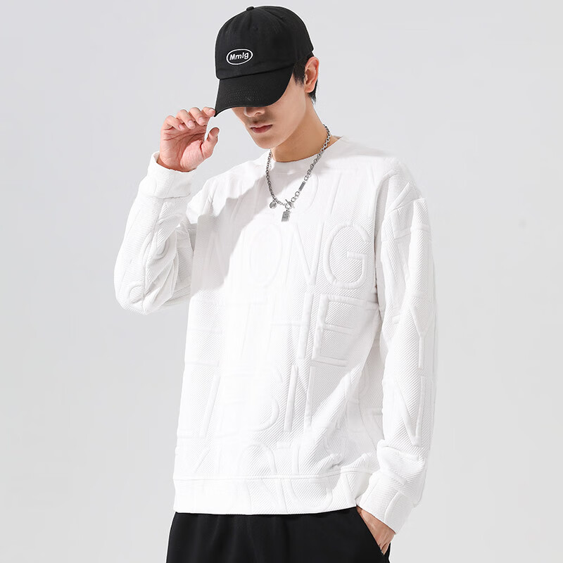 长袖卫衣男春秋季潮胖子宽松大码白色t恤休闲字母上衣服 主图款白色 m