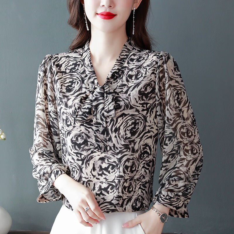 wvhk23年新款时尚飘带衬衫女士减龄漂亮小衫春装老妈洋气宽松碎花雪纺