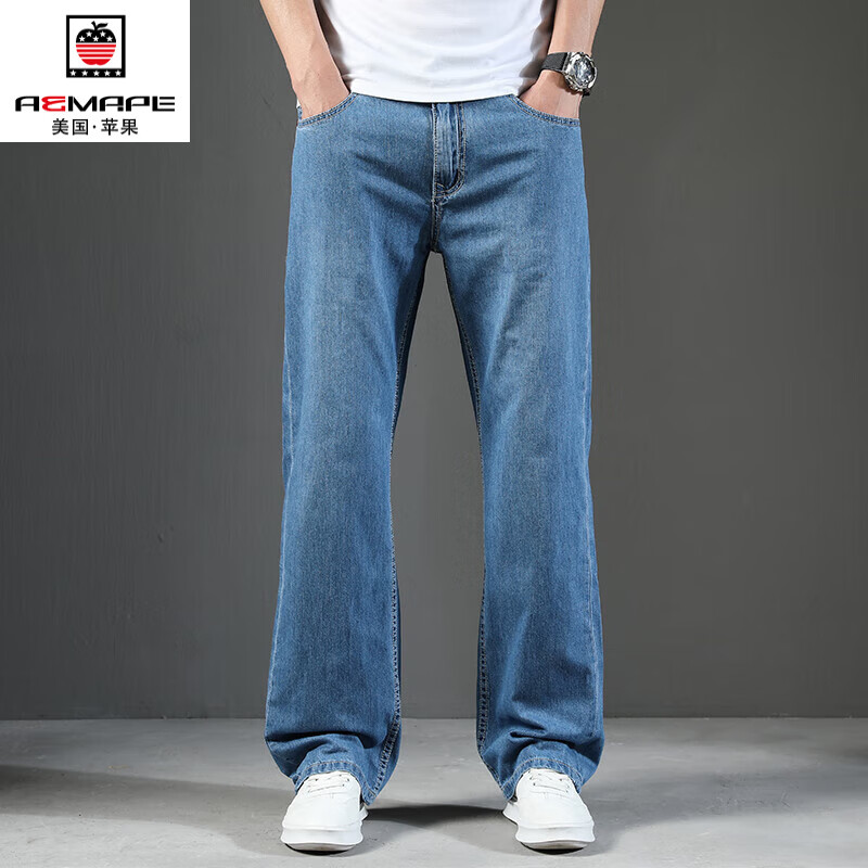 aemape美国苹果男牛仔裤夏季薄款无弹深色直筒宽松阔腿休闲长裤子大码