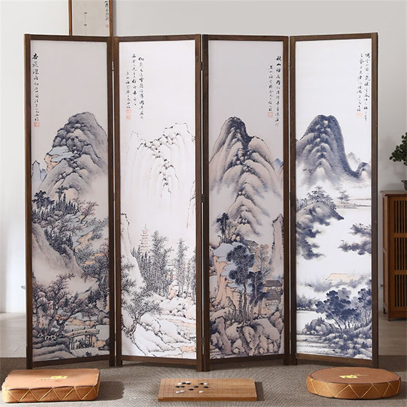 京好 包安装屏风隔断山水字画折屏可折叠移动办公室客厅酒店实木装饰