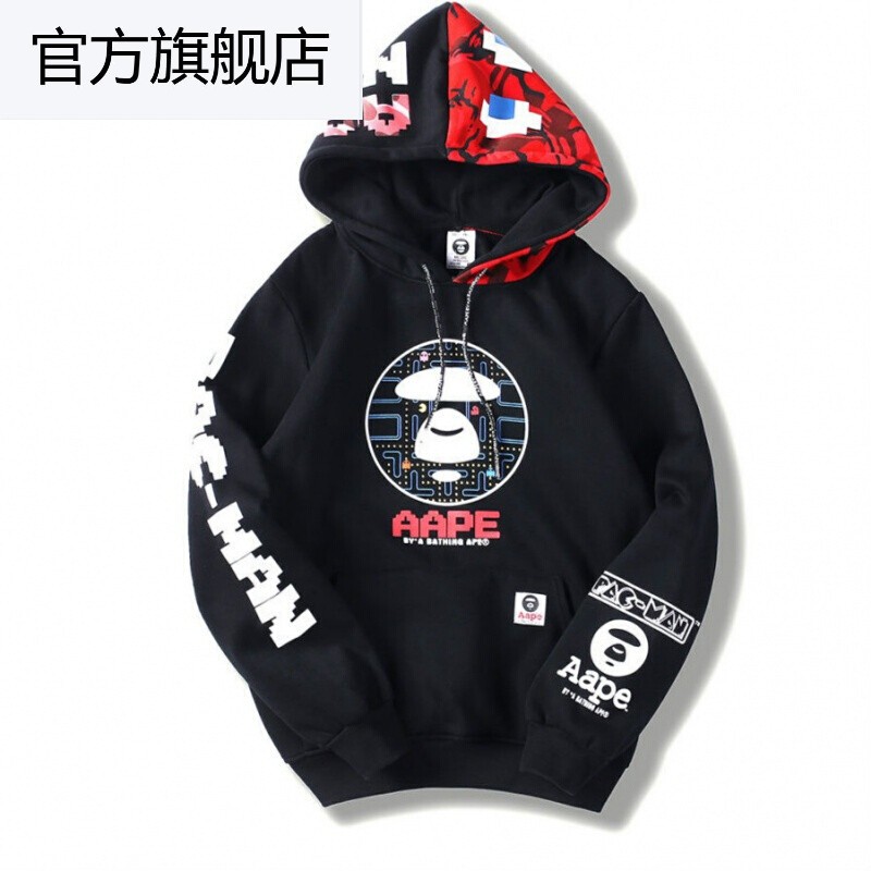 bape潮牌aape秋冬迷彩猿人头印花长袖套头加绒连帽卫衣男女情侣外套 m