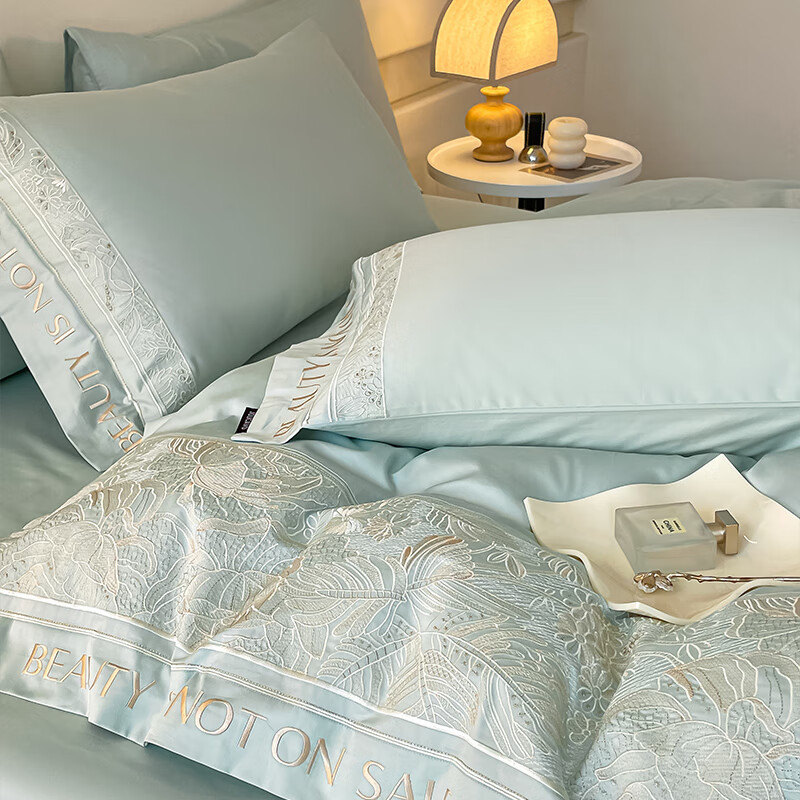 水星系列家纺高端A类120支长绒棉四件套花卉刺绣被套全棉床单床笠轻奢床上用品 母婴级A类棉美拉德 床笠款 2.0m四件套被套220*240cm