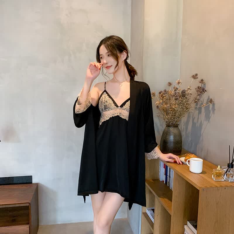 萧淑妃两套价春秋季仿真丝绸情侣睡衣性感带胸垫冰丝吊带睡裙睡袍家居服 231典雅黑 女生M码+男生XXL码